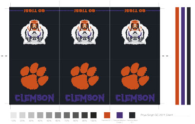 Design of a standing postcard with one side having a tiger covered in purple and orange and the other saying 'Clemson'