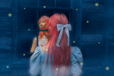 Digital composite of a girl looking through a window and seeing another verison of herself