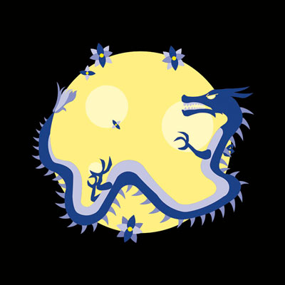 Graphic of a purple dragon curled around a yellow moon