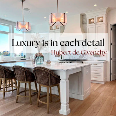 Quote saying 'Luxury in each detail' with a kitchen background